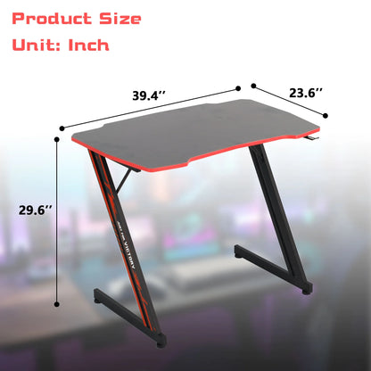 Ergonomic Z-Shaped Gaming Desk with Headphone Hook in Red