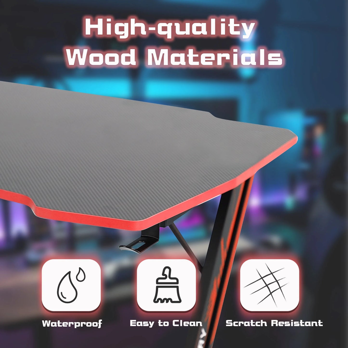 Ergonomic Z-Shaped Gaming Desk with Headphone Hook in Red