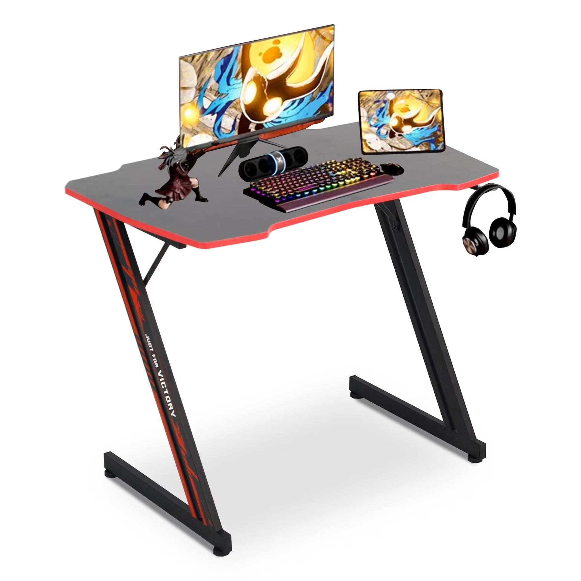Ergonomic Z-Shaped Gaming Desk with Headphone Hook in Red
