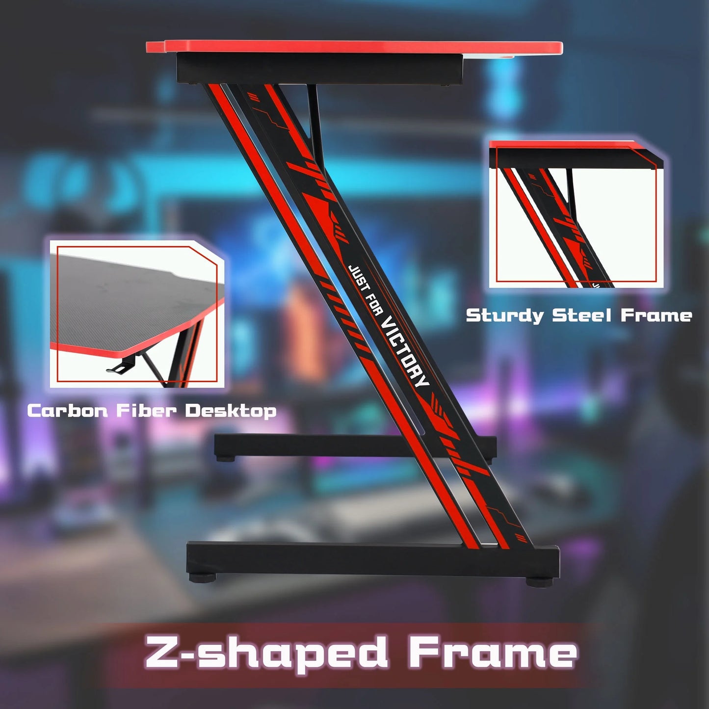 Ergonomic Z-Shaped Gaming Desk with Headphone Hook in Red