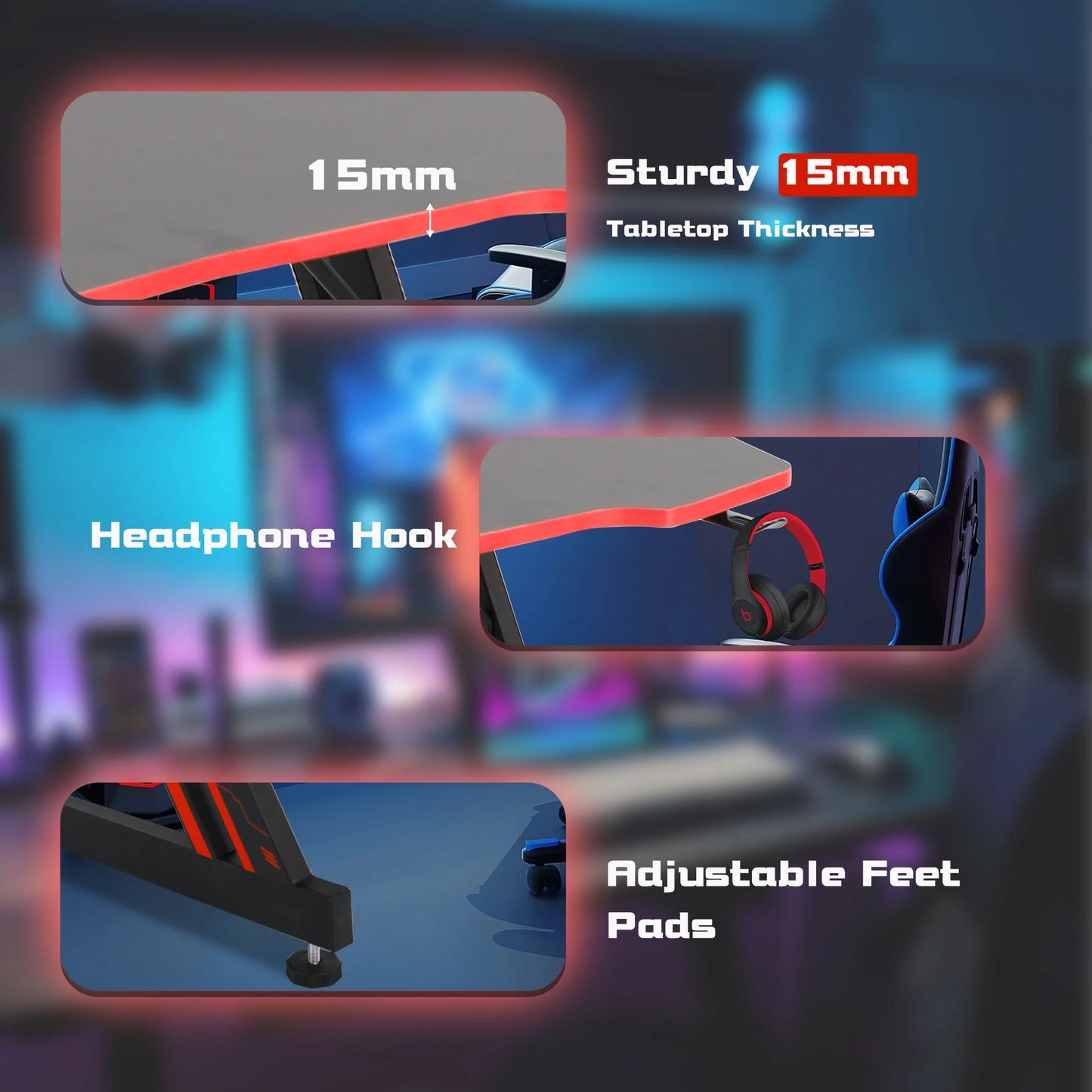 Ergonomic Z-Shaped Gaming Desk with Headphone Hook in Red