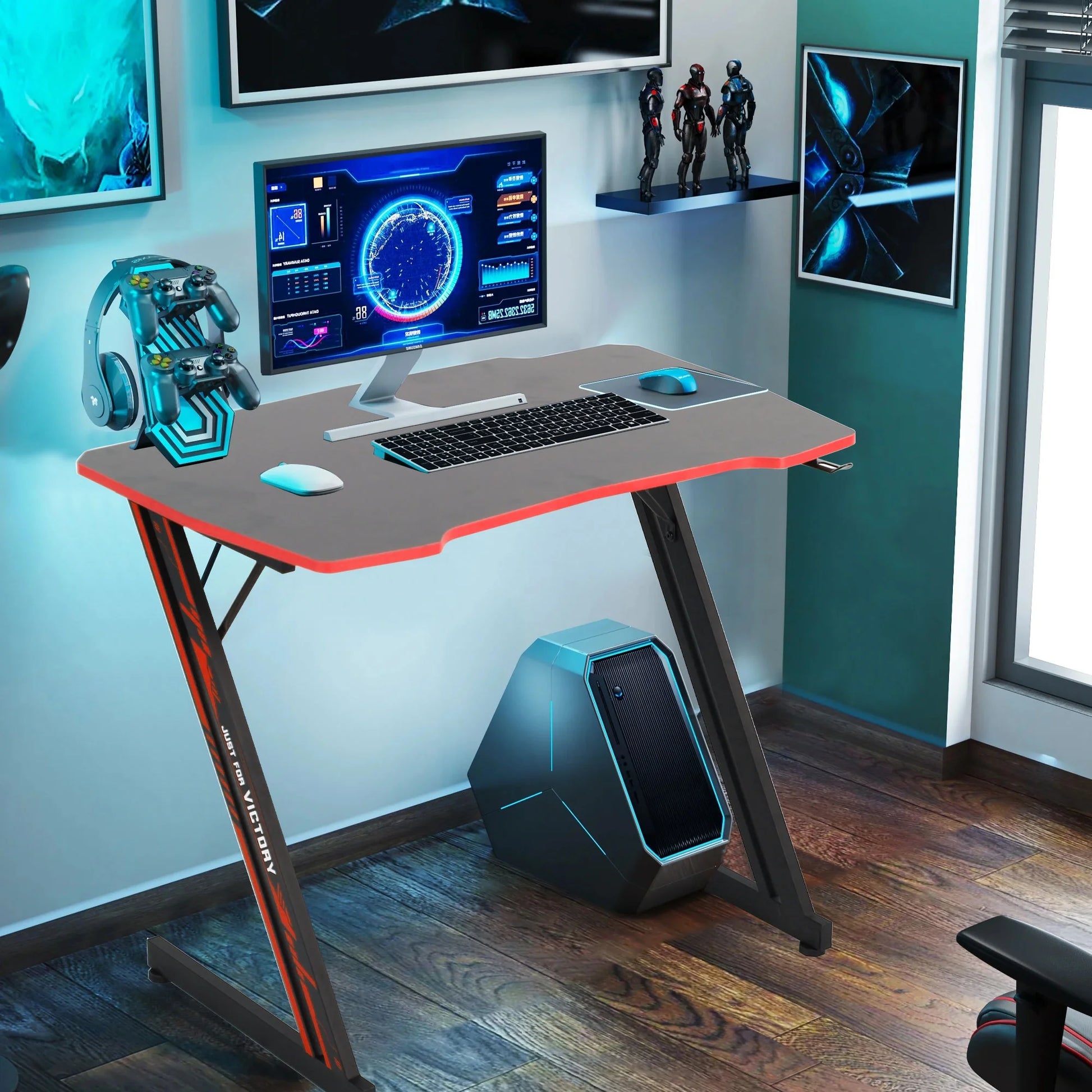 Ergonomic Z-Shaped Gaming Desk with Headphone Hook in Red